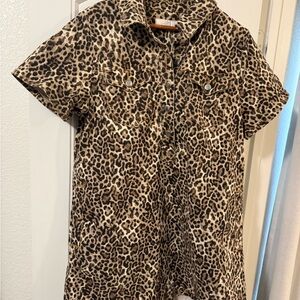 Leopard Print Short Sleeve Shirt Dress - Brown/Black